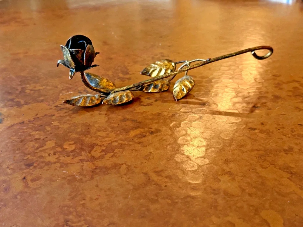Vintage Tole Rose Candle Snuffer Gold Metal Flower Long Handle 9.5 in Antique